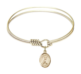 6 1/4 inch Round Eye Hook Hamilton Gold Bangle Bracelet with a 14kt Gold Filled Saint Henry II charm. Engraved Catholic Saint Jewelry