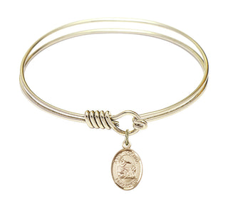 6 1/4 inch Round Eye Hook Hamilton Gold Bangle Bracelet with a 14kt Gold Filled Saint Joshua charm. Engraved Catholic Saint Jewelry