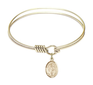 6 1/4 inch Round Eye Hook Hamilton Gold Bangle Bracelet with a 14kt Gold Filled Saint Nicholas charm. Engraved Catholic Saint Jewelry