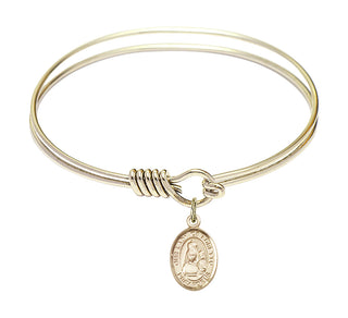 6 1/4 inch Round Eye Hook Hamilton Gold Bangle Bracelet with a 14kt Gold Filled Our Lady of Loretto charm. Engraved Catholic Saint Jewelry