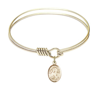 6 1/4 inch Round Eye Hook Hamilton Gold Bangle Bracelet with a 14kt Gold Filled Saint Thomas More charm. Engraved Catholic Saint Jewelry