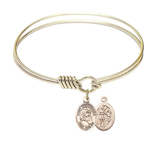 6 1/4 inch Round Eye Hook Hamilton Gold Bangle Bracelet with a 14kt Gold Filled Saint Christopher/Motorcycle charm.
