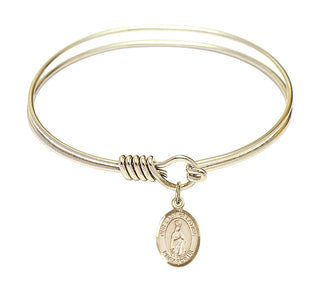 6 1/4 inch Round Eye Hook Hamilton Gold Bangle Bracelet with a 14kt Gold Filled Our Lady of Fatima charm. Engraved Catholic Saint Jewelry