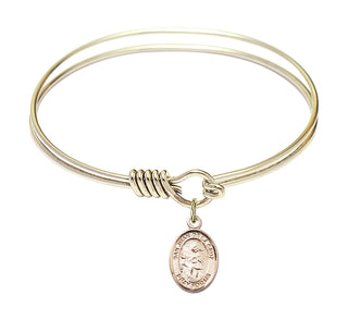 6 1/4 inch Round Eye Hook Hamilton Gold Bangle Bracelet with a 14kt Gold Filled San Juan de la Cruz charm. Engraved Catholic Saint Jewelry