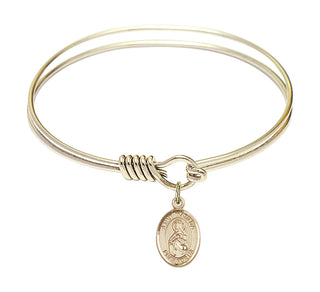 6 1/4 inch Round Eye Hook Hamilton Gold Bangle Bracelet with a 14kt Gold Filled Saint Matilda charm. Engraved Catholic Saint Jewelry