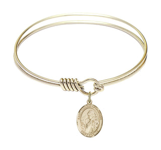 6 1/4 inch Round Eye Hook Hamilton Gold Bangle Bracelet with a 14kt Gold Filled Saint Finnian of Clonard charm. Engraved Catholic Saint Jewelry
