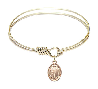 6 1/4 inch Round Eye Hook Hamilton Gold Bangle Bracelet with a 14kt Gold Filled Saint Aidan of Lindesfarne charm. Engraved Catholic Saint Jewelry