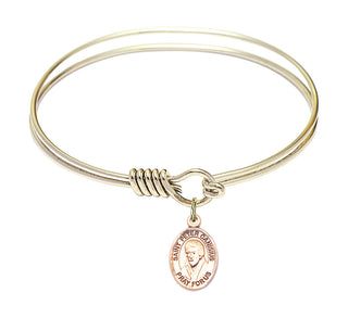 6 1/4 inch Round Eye Hook Hamilton Gold Bangle Bracelet with a 14kt Gold Filled Saint Peter Canisius charm. Engraved Catholic Saint Jewelry
