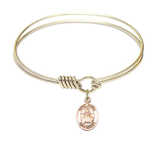 6 1/4 inch Round Eye Hook Hamilton Gold Bangle Bracelet with a 14kt Gold Filled Saint Daria charm. Engraved Catholic Saint Jewelry