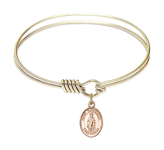 6 1/4 inch Round Eye Hook Hamilton Gold Bangle Bracelet with a 14kt Gold Filled Saint Nathanael charm. Engraved Catholic Saint Jewelry