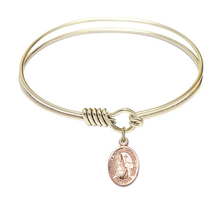 6 1/4 inch Round Eye Hook Hamilton Gold Bangle Bracelet with a 14kt Gold Filled Saint Jeanne Chezard de Matel charm. Engraved Catholic Saint Jewelry