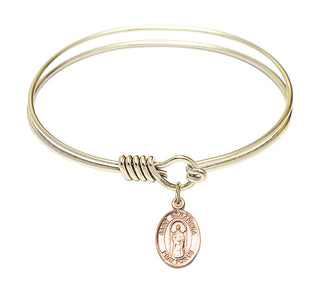 6 1/4 inch Round Eye Hook Hamilton Gold Bangle Bracelet with a 14kt Gold Filled Saint Seraphina charm. Engraved Catholic Saint Jewelry