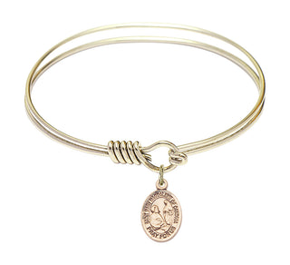 6 1/4 inch Round Eye Hook Hamilton Gold Bangle Bracelet with a 14kt Gold Filled Saint Mary Magdalene of Canossa charm. Engraved Catholic Saint Jewelry