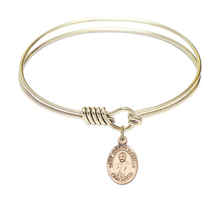 6 1/4 inch Round Eye Hook Hamilton Gold Bangle Bracelet with a 14kt Gold Filled Saint Joseph Marello charm. Engraved Catholic Saint Jewelry