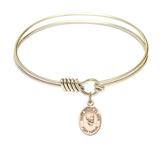 6 1/4 inch Round Eye Hook Hamilton Gold Bangle Bracelet with a 14kt Gold Filled Saint Peter Claver charm. Engraved Catholic Saint Jewelry