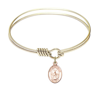 6 1/4 inch Round Eye Hook Hamilton Gold Bangle Bracelet with a 14kt Gold Filled Saint Medard of Noyon charm. Engraved Catholic Saint Jewelry
