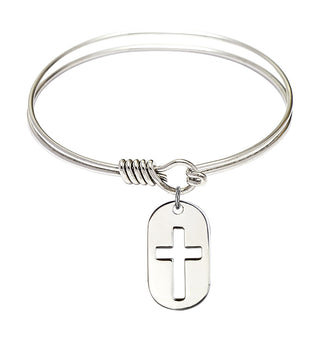 6 1/4 inch Round Eye Hook Rhodium Bangle Bracelet with a Sterling Silver Cross Dog Tag charm.