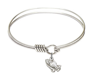 6 1/4 inch Round Eye Hook Rhodium Bangle Bracelet with a Sterling Silver Praying Hands charm.