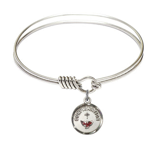 6 1/4 inch Round Eye Hook Rhodium Bangle Bracelet with a Sterling Silver Confirmation charm. Engraved Catholic Saint Jewelry