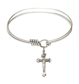 6 1/4 inch Round Eye Hook Rhodium Bangle Bracelet with a Sterling Silver Crucifix charm.