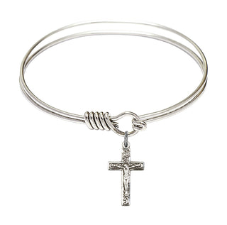 6 1/4 inch Round Eye Hook Rhodium Bangle Bracelet with a Sterling Silver Crucifix charm.
