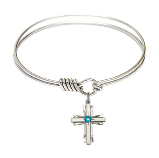 6 1/4 inch Round Eye Hook Rhodium Bangle Bracelet with a Sterling Silver Cross charm.