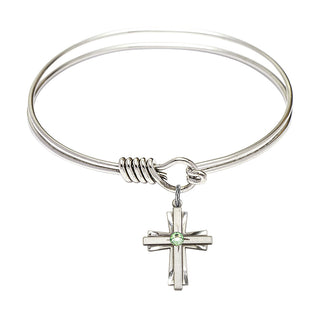6 1/4 inch Round Eye Hook Rhodium Bangle Bracelet with a Sterling Silver Cross charm.