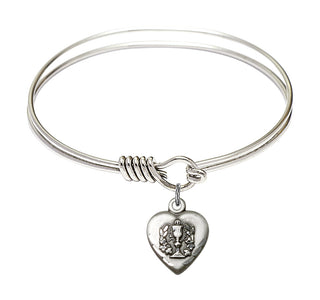 6 1/4 inch Round Eye Hook Rhodium Bangle Bracelet with a Sterling Silver Heart / Communion charm.