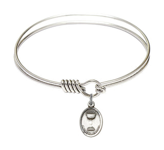 6 1/4 inch Round Eye Hook Rhodium Bangle Bracelet with a Sterling Silver Holy Communion charm.