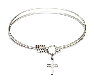6 1/4 inch Round Eye Hook Rhodium Bangle Bracelet with a Sterling Silver Cross charm.