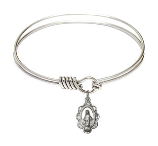 6 1/4 inch Round Eye Hook Rhodium Bangle Bracelet with a Sterling Silver Miraculous charm.