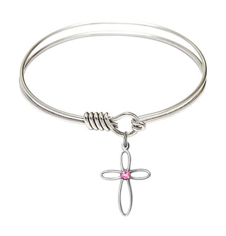 6 1/4 inch Round Eye Hook Rhodium Bangle Bracelet with a Sterling Silver Loop Cross charm.