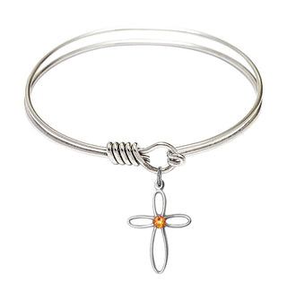 6 1/4 inch Round Eye Hook Rhodium Bangle Bracelet with a Sterling Silver Loop Cross charm.