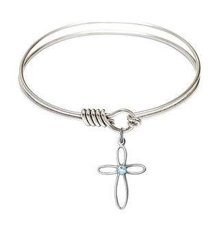 6 1/4 inch Round Eye Hook Rhodium Bangle Bracelet with a Sterling Silver Loop Cross charm.