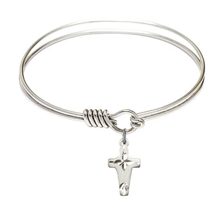 6 1/4 inch Round Eye Hook Rhodium Bangle Bracelet with a Sterling Silver Cross charm.