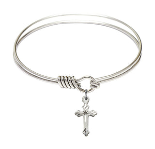 6 1/4 inch Round Eye Hook Rhodium Bangle Bracelet with a Sterling Silver Cross charm.