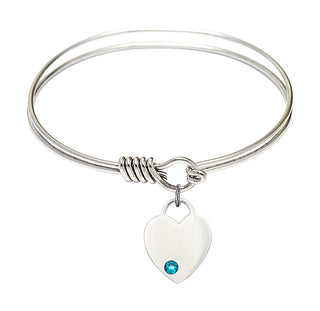 6 1/4 inch Round Eye Hook Rhodium Bangle Bracelet with a Sterling Silver Heart charm. Engraved Catholic Saint Jewelry