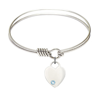 6 1/4 inch Round Eye Hook Rhodium Bangle Bracelet with a Sterling Silver Heart charm. Engraved Catholic Saint Jewelry