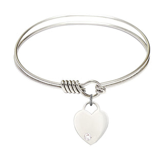 6 1/4 inch Round Eye Hook Rhodium Bangle Bracelet with a Sterling Silver Heart charm. Engraved Catholic Saint Jewelry