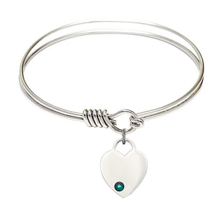 6 1/4 inch Round Eye Hook Rhodium Bangle Bracelet with a Sterling Silver Heart charm. Engraved Catholic Saint Jewelry