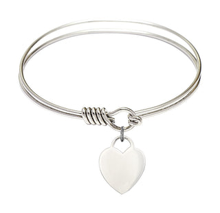 6 1/4 inch Round Eye Hook Rhodium Bangle Bracelet with a Sterling Silver Heart charm. Engraved Catholic Saint Jewelry