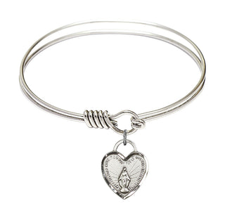6 1/4 inch Round Eye Hook Rhodium Bangle Bracelet with a Sterling Silver Miraculous Heart charm. Engraved Catholic Saint Jewelry