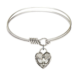6 1/4 inch Round Eye Hook Rhodium Bangle Bracelet with a Sterling Silver Confirmation Heart charm. Engraved Catholic Saint Jewelry
