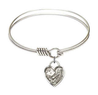 6 1/4 inch Round Eye Hook Rhodium Bangle Bracelet with a Sterling Silver Graduation Heart charm. Engraved Catholic Saint Jewelry