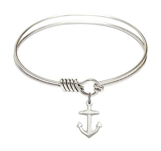 6 1/4 inch Round Eye Hook Rhodium Bangle Bracelet with a Sterling Silver Anchor charm.