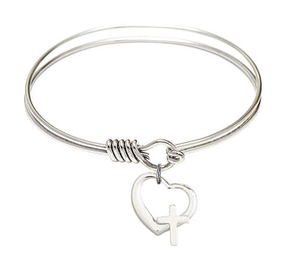 6 1/4 inch Round Eye Hook Rhodium Bangle Bracelet with a Sterling Silver Heart / Cross charm.