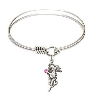 6 1/4 inch Round Eye Hook Rhodium Bangle Bracelet with a Sterling Silver Guardian Angel charm.