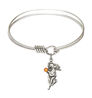 6 1/4 inch Round Eye Hook Rhodium Bangle Bracelet with a Sterling Silver Guardian Angel charm.