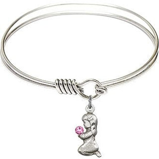 6 1/4 inch Round Eye Hook Rhodium Bangle Bracelet with a Sterling Silver Praying Girl charm.