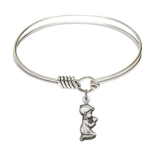 6 1/4 inch Round Eye Hook Rhodium Bangle Bracelet with a Sterling Silver Praying Boy charm.